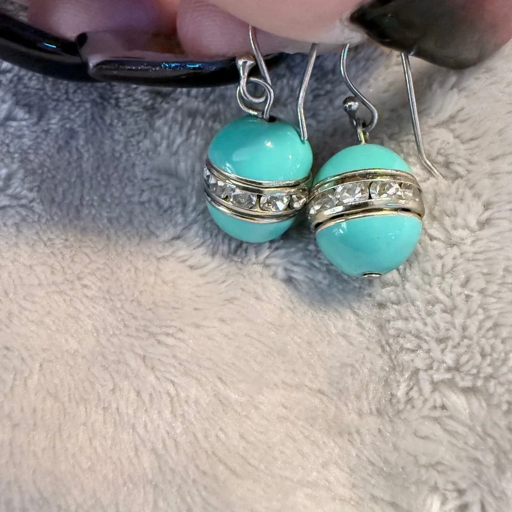 Vintage Y2K Aqua Blue Rhinestone Bead Dangle‎ Earrings Silver Tone